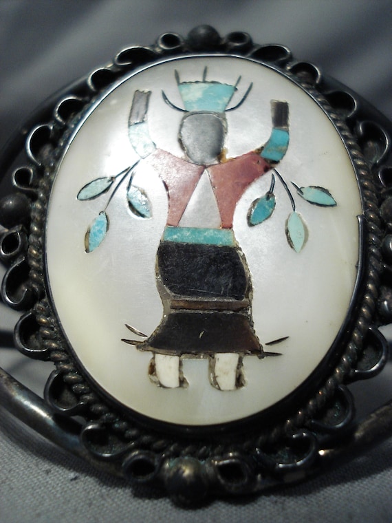 Huge Vintage Native American Zuni Inlay Ceremonial Dancer Sterling Silver Bracelet Huge Vintage Native American Zuni Inlay Ceremonial Dancer Sterling Silver Bracelet