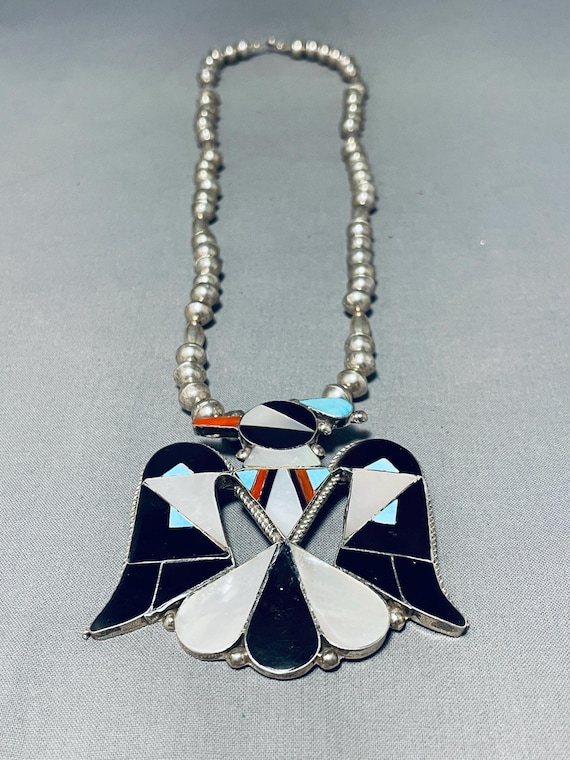 Substantial Vintage Native American Zuni Turquoise Coral Sterling Silver Bird Necklace Substantial Vintage Native American Zuni Turquoise Coral Sterling Silver Bird Necklace