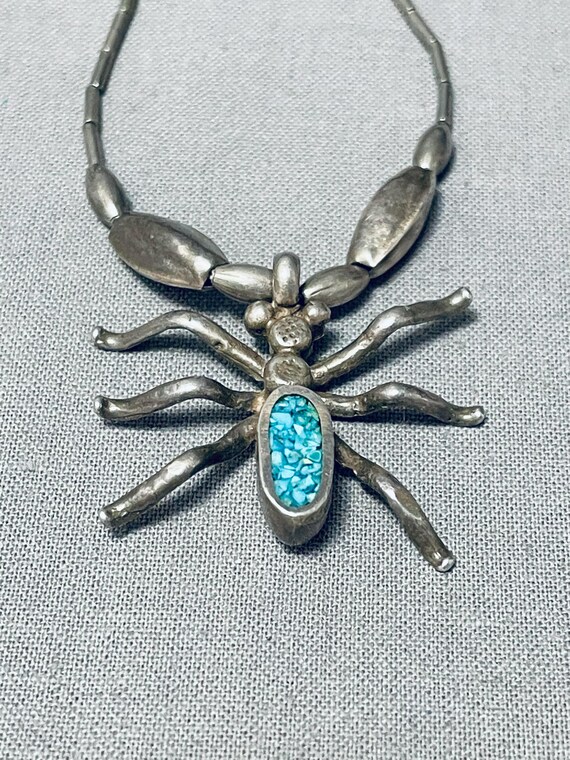 Very Unique Vintage Native American Navajo Spider Turquoise Inlay Sterling Silver Necklace Very Unique Vintage Native American Navajo Spider Turquoise Inlay Sterling Silver Necklace