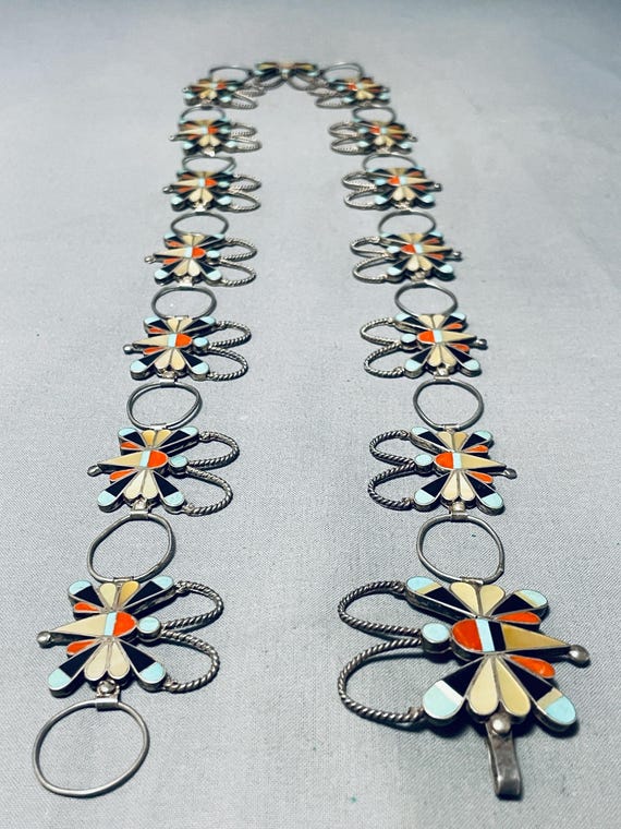 Important Vintage Native American Zuni Turquoise Inlay Butterfly Sterling Silver Concho Belt Important Vintage Native American Zuni Turquoise Inlay Butterfly Sterling Silver Concho Belt