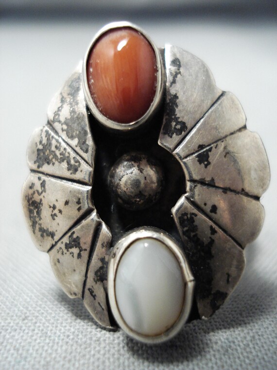 Marvelous Vintage Native American Navajo Coral Sterling Silver Ring Old Marvelous Vintage Native American Navajo Coral Sterling Silver Ring Old