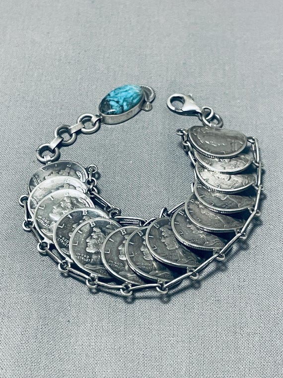 Amazing Native American Navajo Signed Blue Diamond Turquoise 14 Silver Dimes Bracelet Amazing Native American Navajo Signed Blue Diamond Turquoise 14 Silver Dimes Bracelet