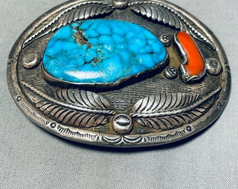 Heavy Huge Vintage Native American Navajo Spiderweb Turquoise Sterling Silver Buckle Old - Make An Offer!