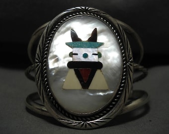 Huge Vintage Zuni/ Navajo Turquoise Kachina Coral Silver Bracelet Old
