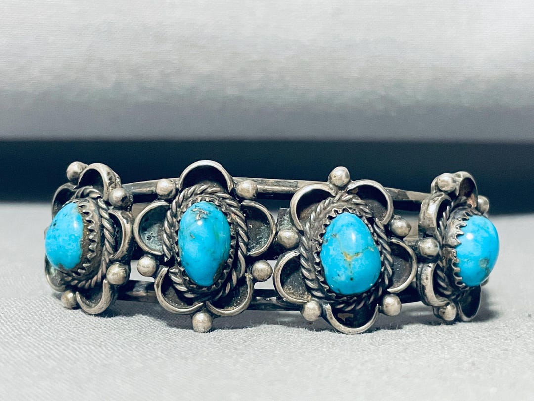 Fantastic Vintage Navajo 5 Morenci Turquoise Sterling Silver Bracelet Native American Fantastic Vintage Navajo 5 Morenci Turquoise Sterling Silver Bracelet Native American