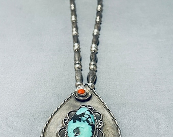 Naar adem snakken! Vintage Native American Navajo langere 31' Turquoise koraal Sterling zilveren ketting - doe een bod!