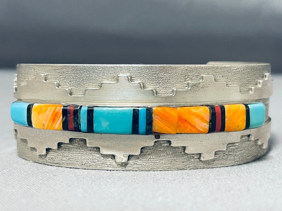 Pueblo Hand Hammered Vintage Native American Navajo Turquoise Inlay Sterling Silver Bracelet Pueblo Hand Hammered Vintage Native American Navajo Turquoise Inlay Sterling Silver Bracelet