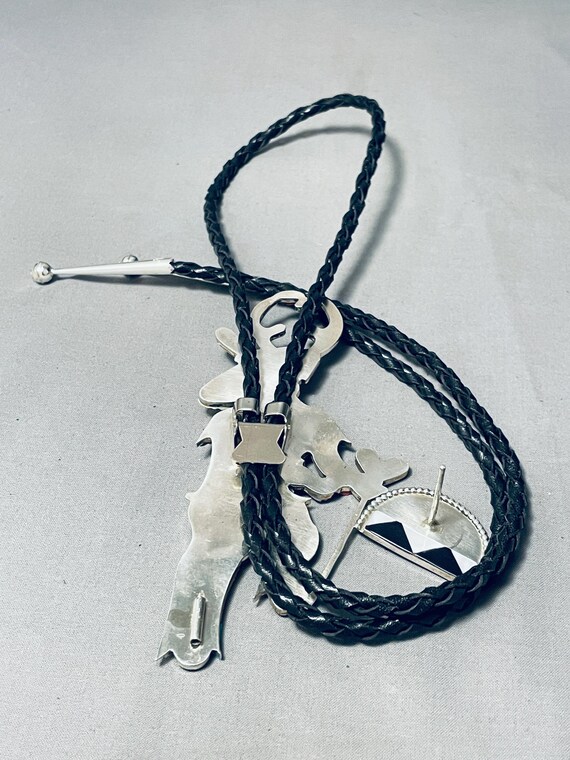 Six Inch Tall Native American Zuni Turquoise Sterling Silver Bolo Tie Statue With Stand Six Inch Tall Native American Zuni Turquoise Sterling Silver Bolo Tie Statue With Stand