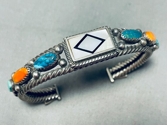 One Of The Most Unique Vintage Native American Navajo Turquoise Sterling Silver Inlay Bracelet One Of The Most Unique Vintage Native American Navajo Turquoise Sterling Silver Inlay Bracelet