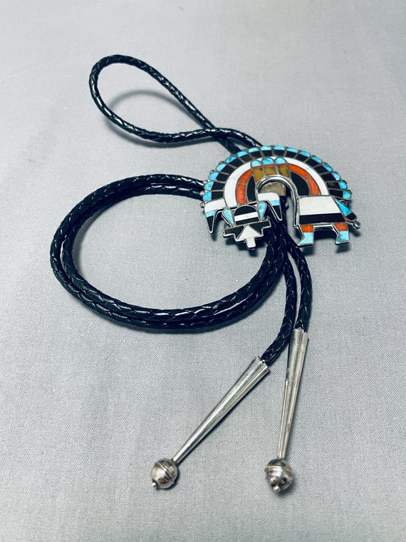 Early Authentic Vintage Native American Zuni Turquoise Sterling Silver Inlay Bolo Tie Early Authentic Vintage Native American Zuni Turquoise Sterling Silver Inlay Bolo Tie