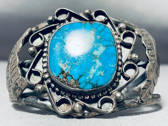 Gasp! Vintage Native American Navajo Morenci Turquoise Sterling Silver Leaf Bracelet Gasp! Vintage Native American Navajo Morenci Turquoise Sterling Silver Leaf Bracelet