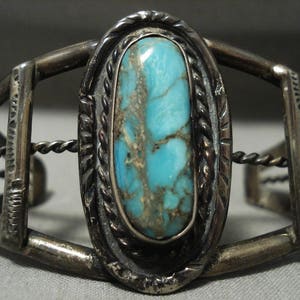 Heavy Patina Vintage Native American Navajo Royston Turquoise Sterling Silver Bracelet Heavy Patina Vintage Native American Navajo Royston Turquoise Sterling Silver Bracelet