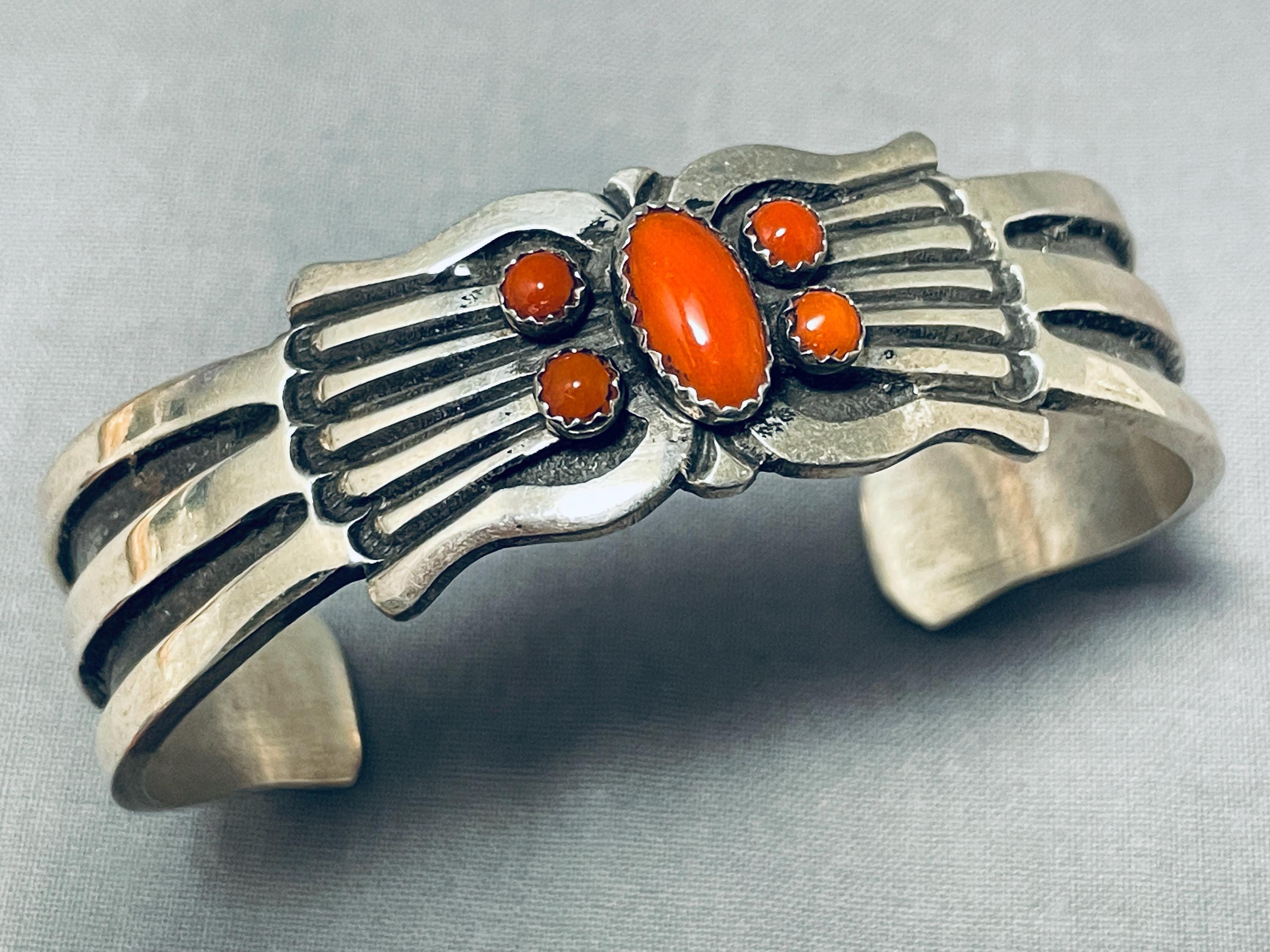 Dramatic Zuni Coral Sterling Silver Bracelet Native American Dramatic Zuni Coral Sterling Silver Bracelet Native American