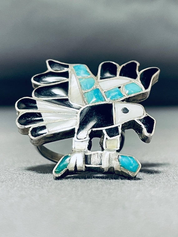 One Of The Best Vintage Native American Zuni Turquoise Eagle Sterling Silver Ring Oold One Of The Best Vintage Native American Zuni Turquoise Eagle Sterling Silver Ring Oold