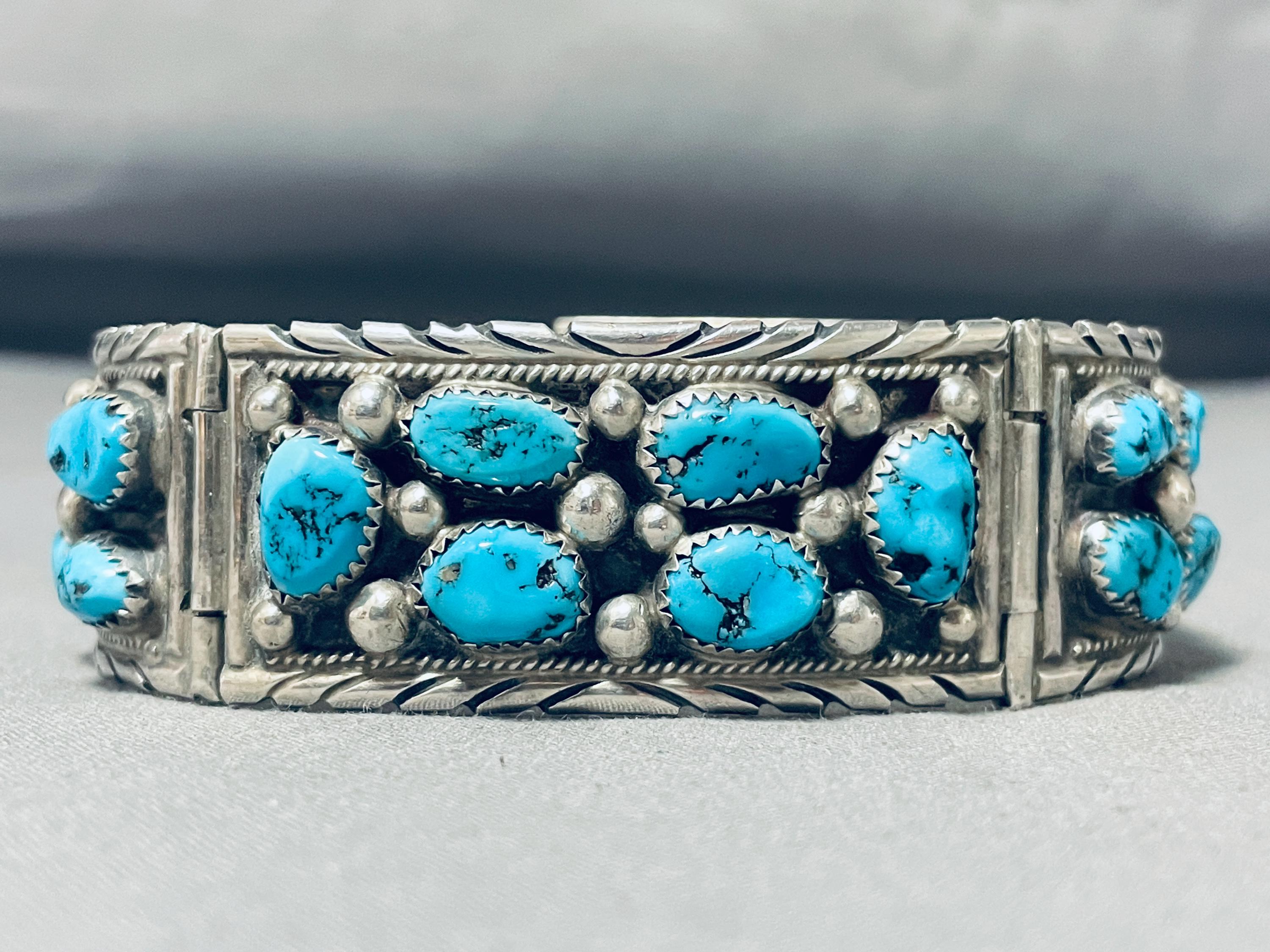 Important Tom Moore Vintage Native American Navajo Turquoise Sterling Silver Clasp Bracelet Important Tom Moore Vintage Native American Navajo Turquoise Sterling Silver Clasp Bracelet