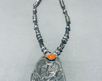 Rare Vintage Native American Hopi Coral Sterling Silver Track Necklace - Make An Offer!