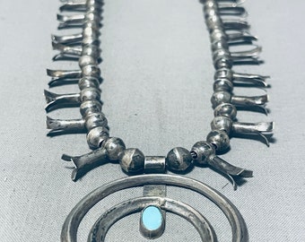 Very Very Old Vintage Native American Navajo Turquoise Sterling Silver Squash Blossom Necklace - Make An Offer!