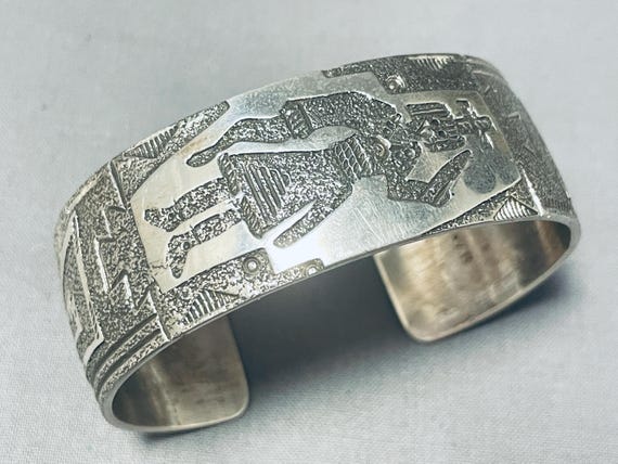 Symbolic Native American Navajo Kachina Dancer Sterling Silver Hand Tooled Bracelet Cuff Symbolic Native American Navajo Kachina Dancer Sterling Silver Hand Tooled Bracelet Cuff