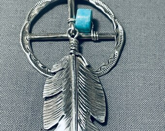 Glorious Native American Navajo Signed Kingman Turquoise Sterling Silver Dreamcatcher Pendant Glorious Native American Navajo Signed Kingman Turquoise Sterling Silver Dreamcatcher Pendant