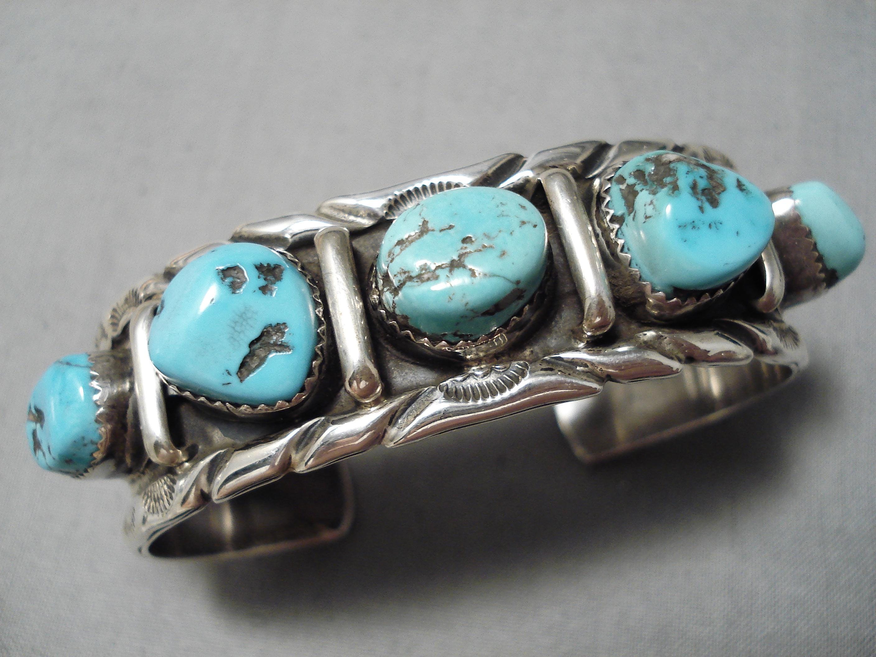 Superior Rare Vintage Native American Hopi Turquoise Sterling Silver Wave Bracelet Superior Rare Vintage Native American Hopi Turquoise Sterling Silver Wave Bracelet