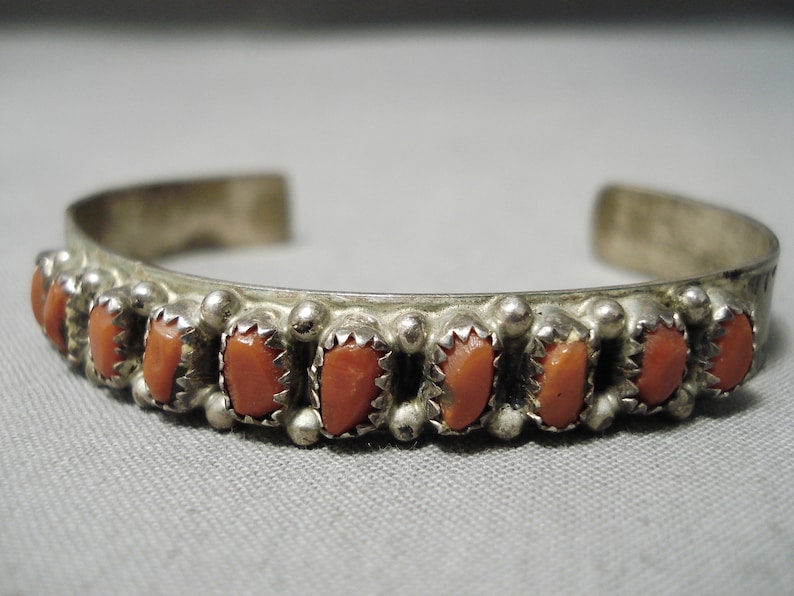 Stunning Vintage Native American Navajo Chunky Red Coral Sterling Silver Bracelet Old