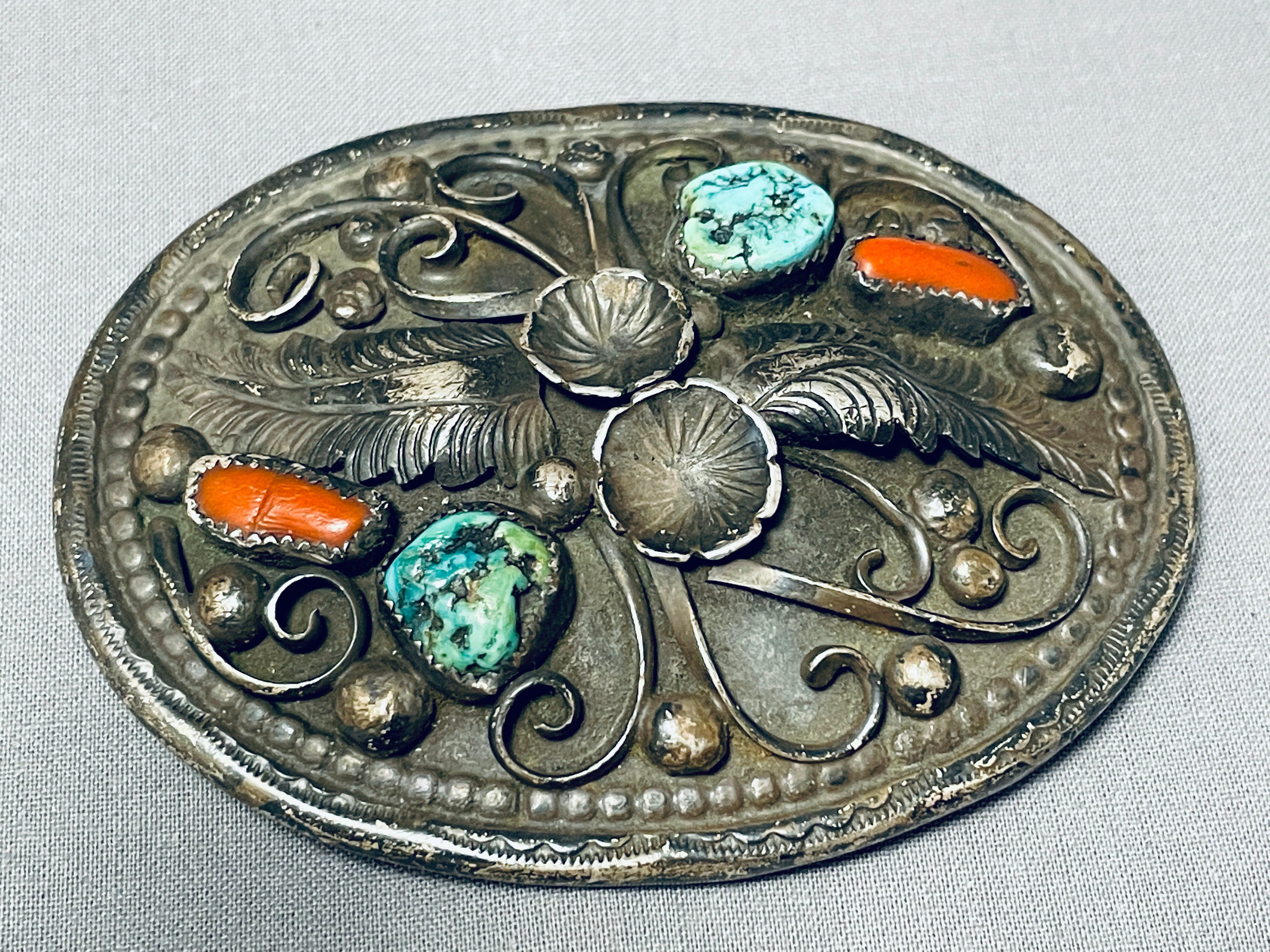 Accessories Belts & Braces Belt Buckles Vintage Sterling Silver Navajo Belt Buckle Signed Turquoise Coral Inlay Signed HB Native American Indian Silver Turquoise Coral Buckle 