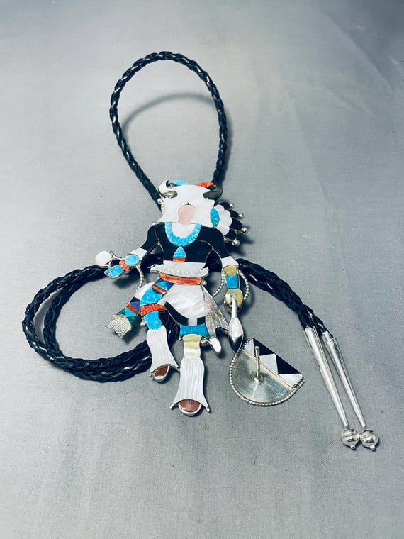 Six Inch Tall Native American Zuni Turquoise Sterling Silver Bolo Tie Statue With Stand Six Inch Tall Native American Zuni Turquoise Sterling Silver Bolo Tie Statue With Stand