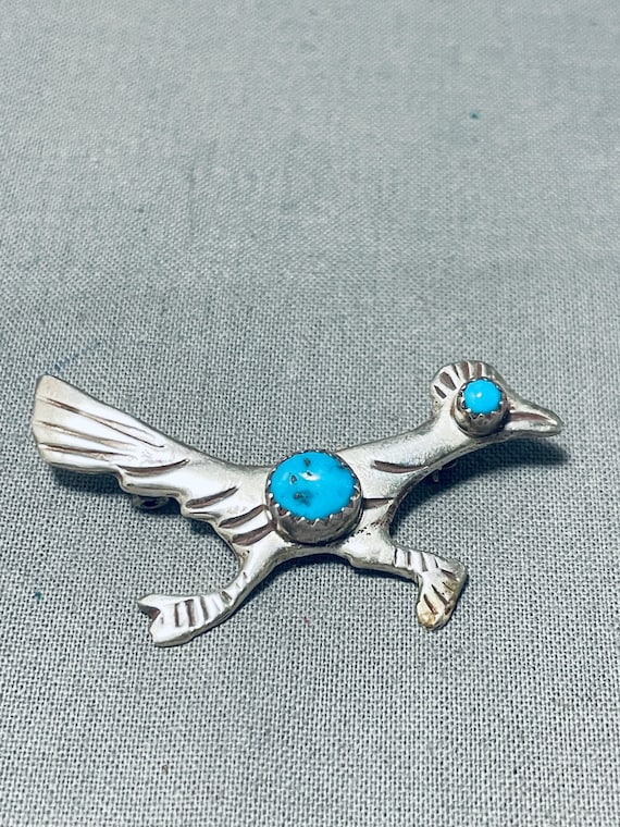 Delightful Vintage Native American Navajo Morenci Turquoise Sterling Silver Roadrunner Pin Delightful Vintage Native American Navajo Morenci Turquoise Sterling Silver Roadrunner Pin