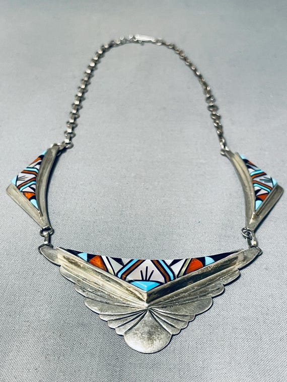 Unbelievable Vintage Native American Zuni Turquoise Mother Of Pearl Sterling Silver Necklace Unbelievable Vintage Native American Zuni Turquoise Mother Of Pearl Sterling Silver Necklace