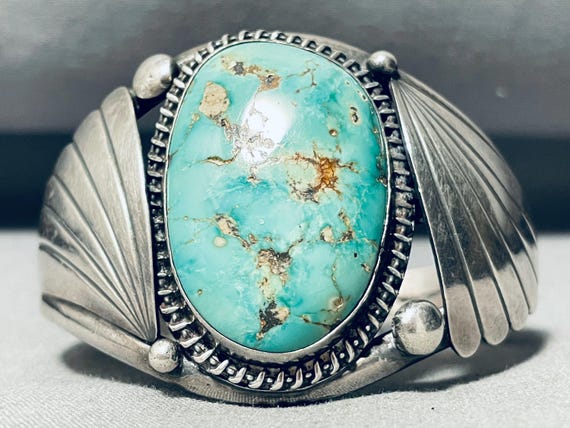 Important Vintage Native American Navajo Signed 7 Carico Lake Turquoise Sterling Silver Bracelet Important Vintage Native American Navajo Signed 7 Carico Lake Turquoise Sterling Silver Bracelet