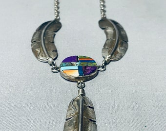 One Of Finest Vintage Native American Navajo Inlay Turquoise Sterling Silver Feather Necklace - Make An Offer!