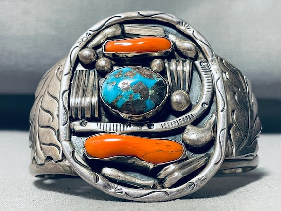 Smokey Bisbee!!! Vintage Native American Navajo Turquoise Sterling Silver Coral Bracelet Smokey Bisbee!!! Vintage Native American Navajo Turquoise Sterling Silver Coral Bracelet