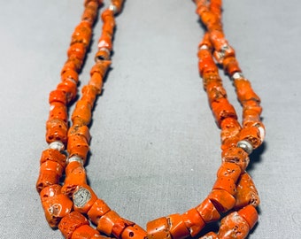One Of The Finest Vintage Native American Navajo Coral Chunks Sterling Silver Necklace - Make An Offer!