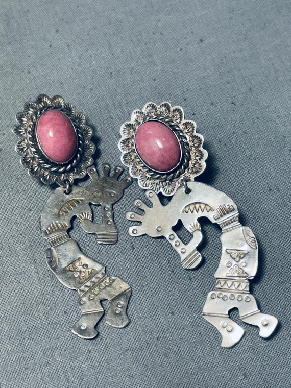 Spectacular Native American Navajo Signed Rhodolyte Sterling Silver Kokopelli Earrings Spectacular Native American Navajo Signed Rhodolyte Sterling Silver Kokopelli Earrings