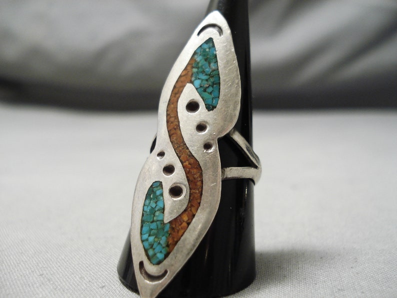 Make An Offer! Wonderful Vintage Native American Navajo Turquoise Coral Sterling Silver Ring