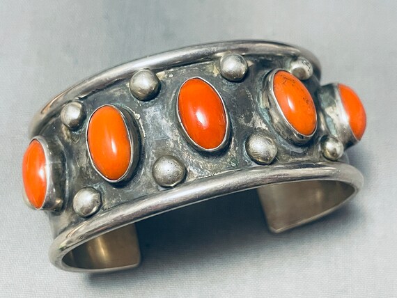 Outstanding Vintage Native American Navajo Domed Coral Sterling Silver Bracelet Old Cuff Outstanding Vintage Native American Navajo Domed Coral Sterling Silver Bracelet Old Cuff