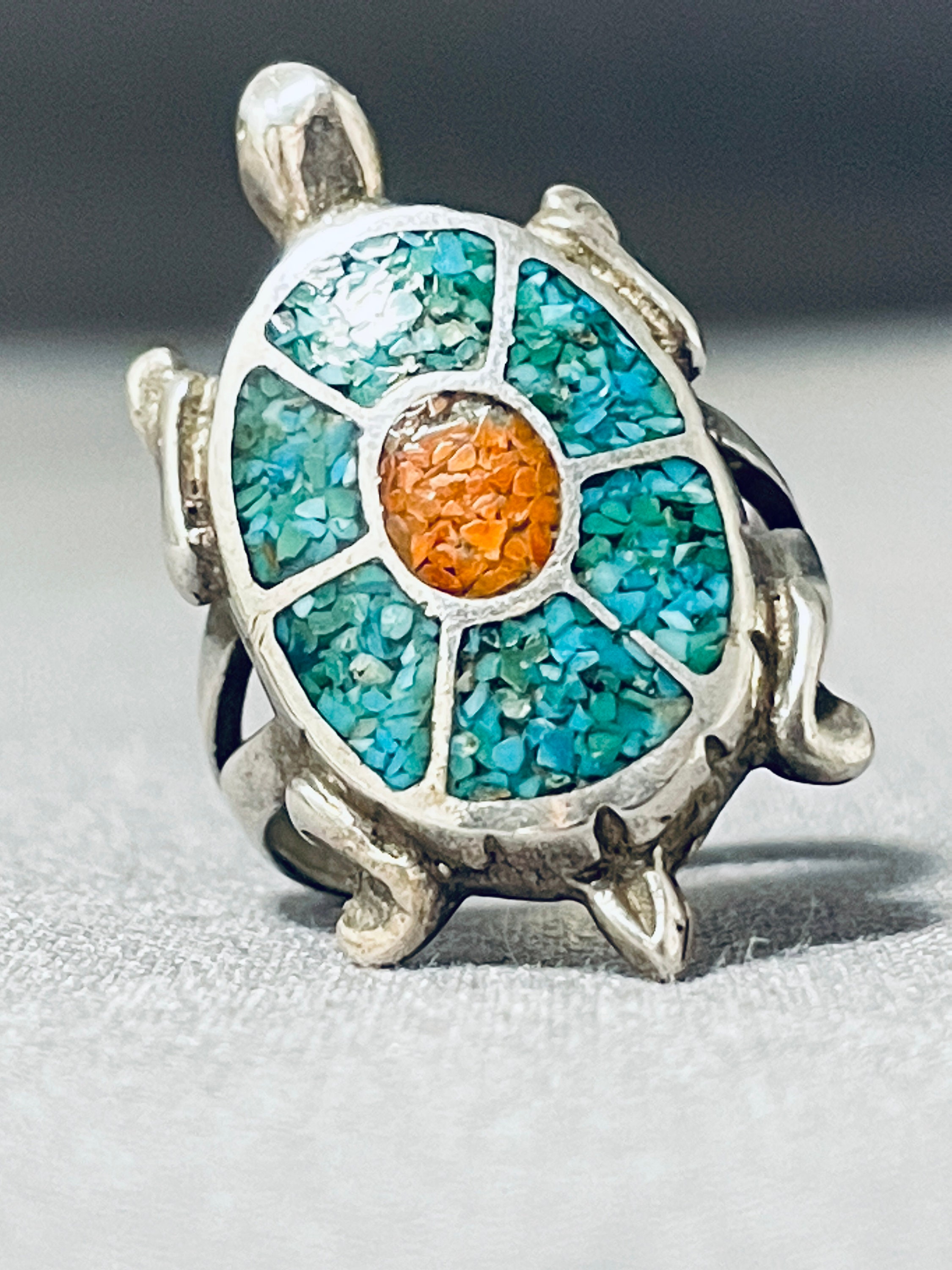 Adjustable Vintage Native American Navajo Turtle Turquoise Coral Sterling Silver Ring Adjustable Vintage Native American Navajo Turtle Turquoise Coral Sterling Silver Ring