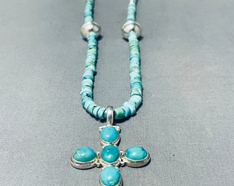 Iconic Native American Navajo Blue Green Turquoise Sterling Silver Cross Necklace - Make An Offer!