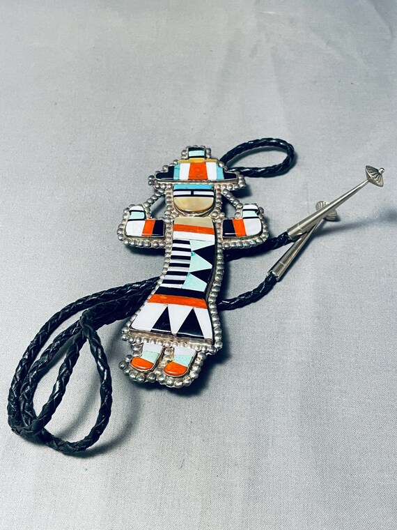 Museum Quality Long Vintage Native American Zuni Turquoise Inlay Sterling Silver Bolo Tie Museum Quality Long Vintage Native American Zuni Turquoise Inlay Sterling Silver Bolo Tie