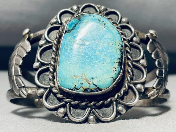 Pedals Of Turquoise Leaf Vintage Native American Navajo Sterling Silver Bracelet - Make An Offer!