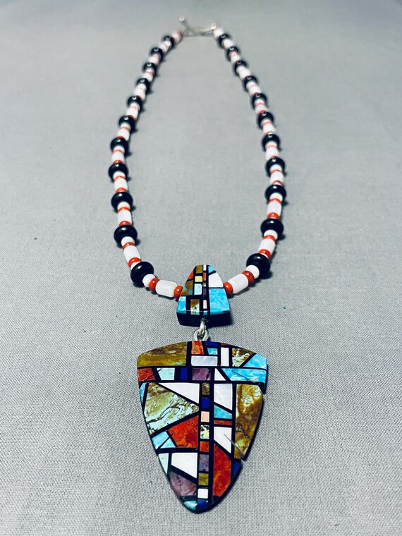 Native American Stunning Santo Domingo Inlay Turquoise Coral Jet Shell Sterling Silver Necklace Native American Stunning Santo Domingo Inlay Turquoise Coral Jet Shell Sterling Silver Necklace