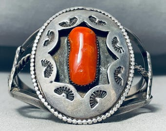 Museum Huge Vintage Native American Navajo Coral Sterling Silver Bracelet Old Museum Huge Vintage Native American Navajo Coral Sterling Silver Bracelet Old