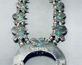 Naar adem snakken! Eagle Vintage Native American Navajo Turquoise Sterling Silver Squash Blossom Ketting - Doe een bod!