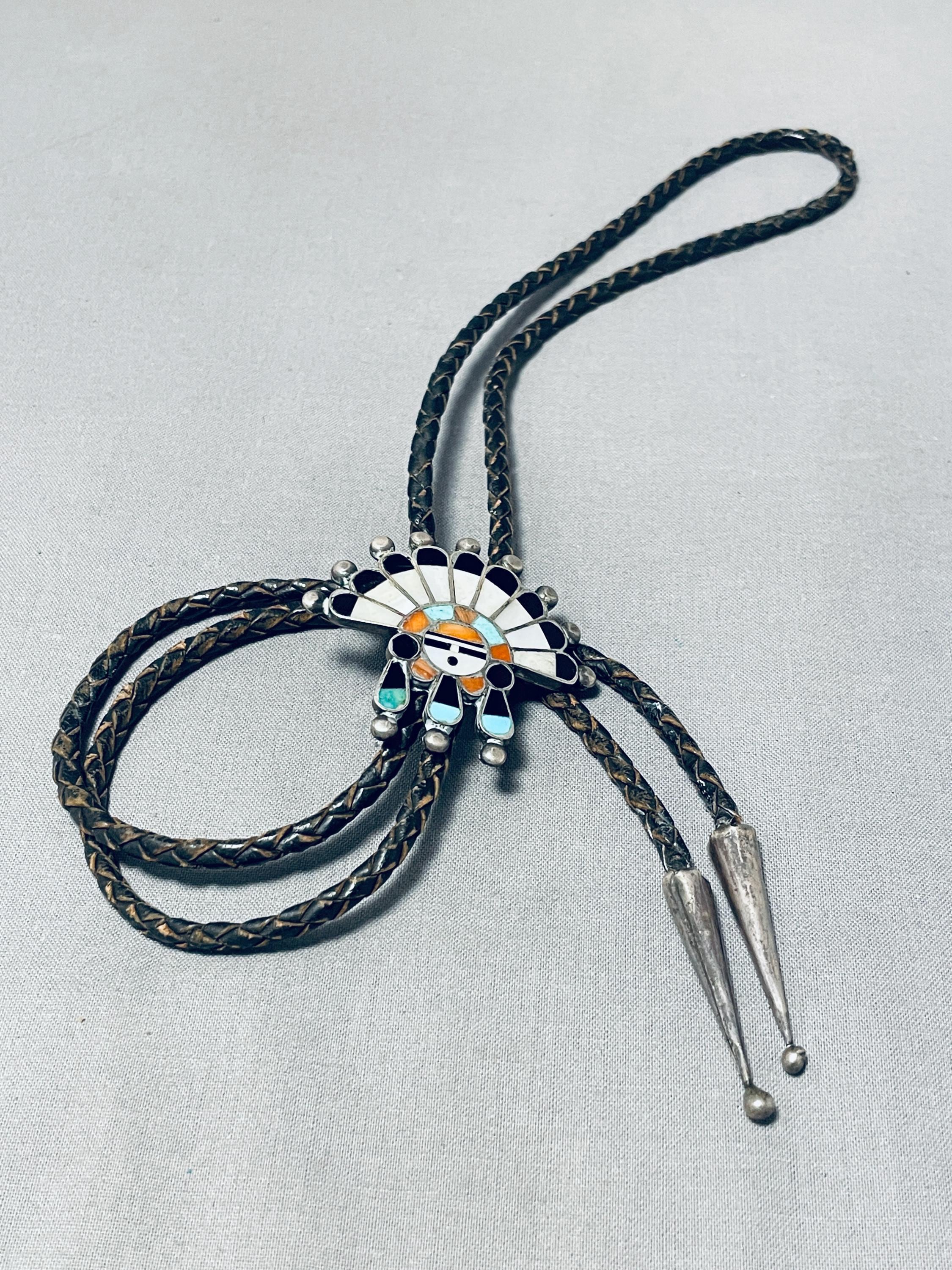 80ｓ・ズニ族「ポーラータイ」BOLO-ZUNI vintage 送料込 Remarkable Vintage Native American Zuni Turquoise Coral Sterling