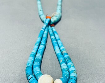 Native American Traditionele Vintage Santo Domingo Turquoise Shell Sterling zilveren ketting - Doe een bod!