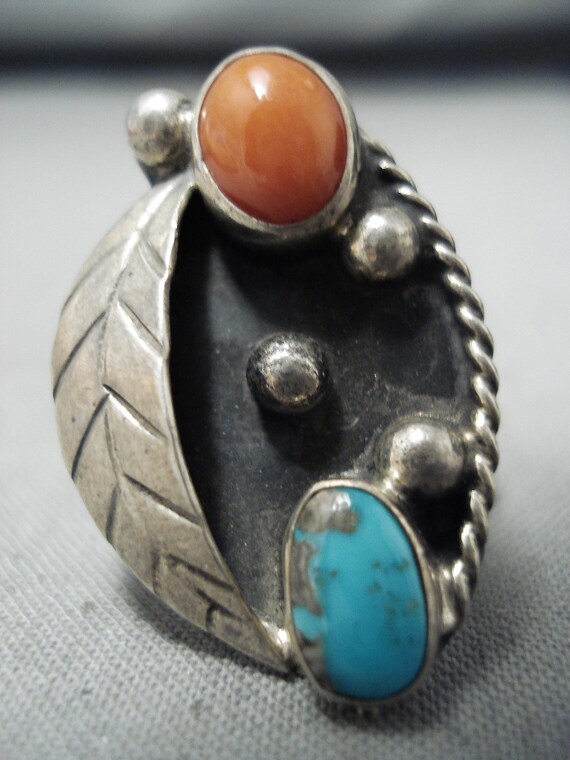 Exceptional Vintage Native American Navajo Bisbee Turquoise Coral Sterling Silver Ring Exceptional Vintage Native American Navajo Bisbee Turquoise Coral Sterling Silver Ring