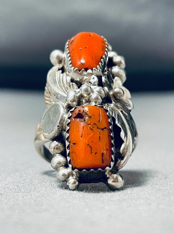 Two Chunks Coral Vintage Native American Navajo Sterling Silver Floral Ring Two Chunks Coral Vintage Native American Navajo Sterling Silver Floral Ring