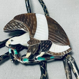 Eagle Eats Snake Vintage Zuni Turquoise Sterling Silver inlay Bolo Tie Eagle Eats Snake Vintage Zuni Turquoise Sterling Silver inlay Bolo Tie