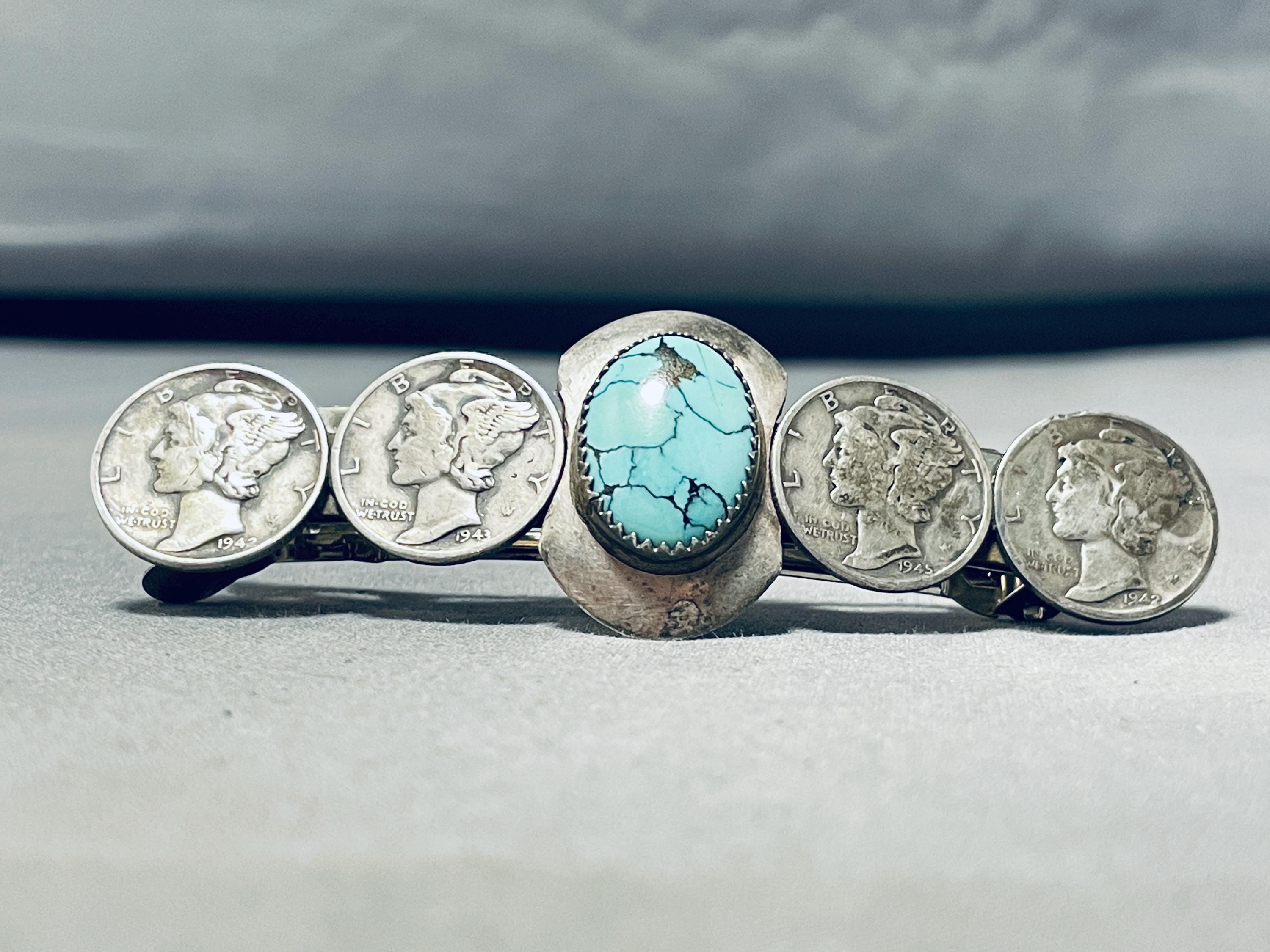 Enchanting Vintage Native American Navajo Spiderweb Turquoise Sterling Silver Dime Burette Enchanting Vintage Native American Navajo Spiderweb Turquoise Sterling Silver Dime Burette