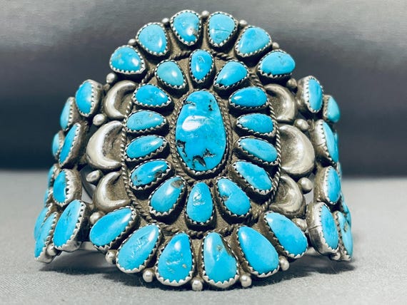 Important Vintage Native American Navajo Turquoise Cluster Sterling Silver Bracelet Important Vintage Native American Navajo Turquoise Cluster Sterling Silver Bracelet